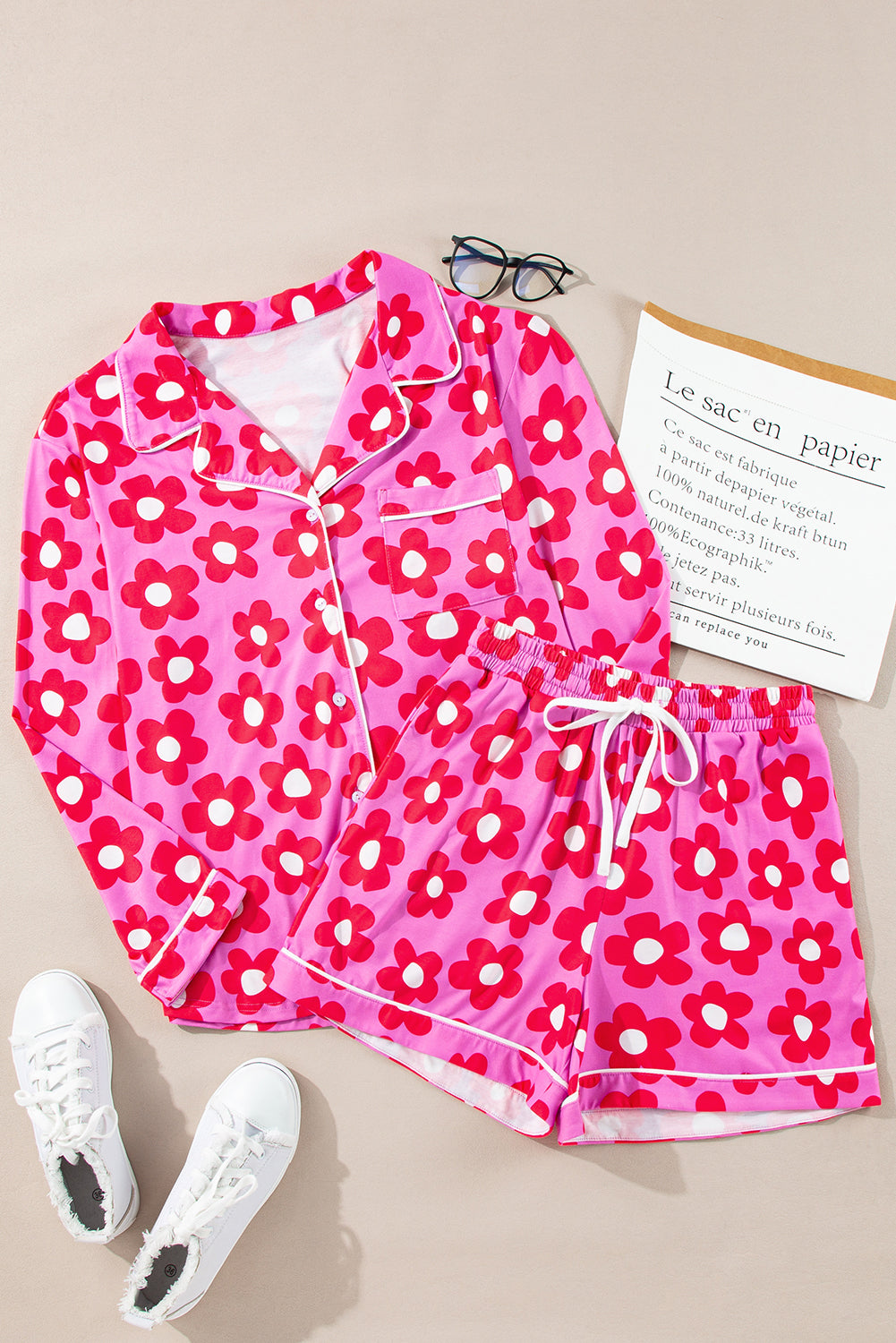 Green Flower Print Long Sleeve Shirt Shorts Pajamas Set