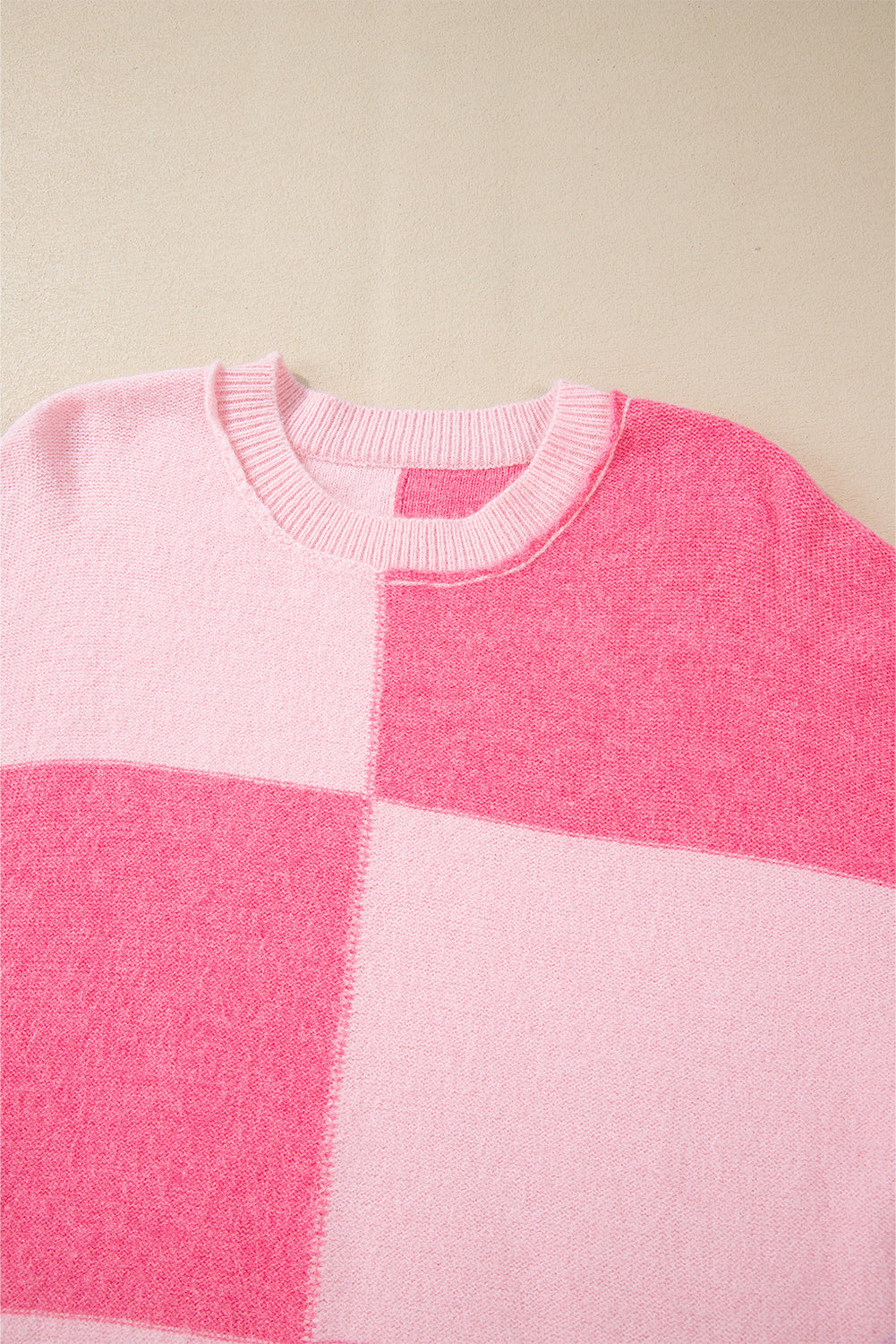 Pink Checkered Colorblock Striped High Low Loose Sweater