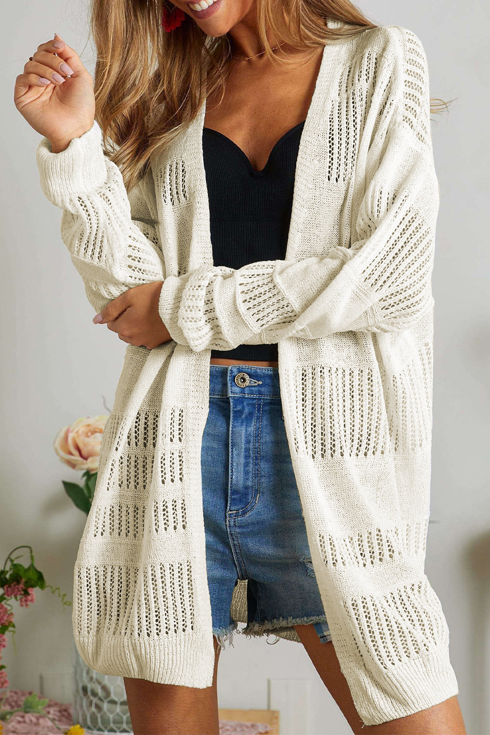 White Solid Color Lightweight Open Knit Tunic Cardigan