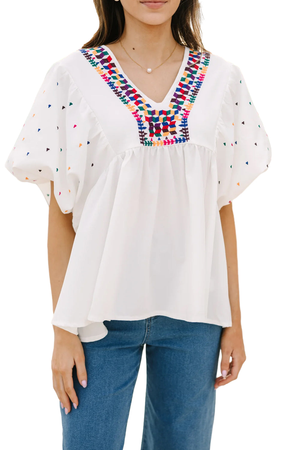 White Embroidered Puff Sleeve V Neck Blouse