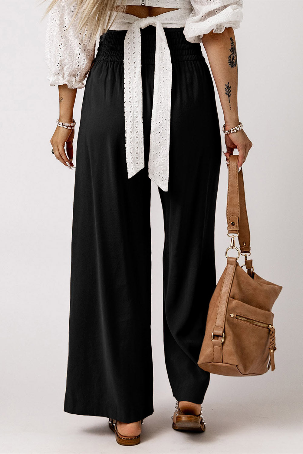 Green Brown Drawstring Elastic Waist Casual Wide Leg Pants